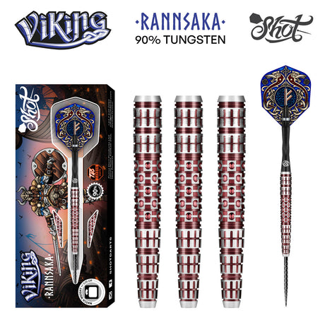Viking Rannsaka Steel Tip Darts main product image showing the darts, packaging, flights, shafts, and included accessories