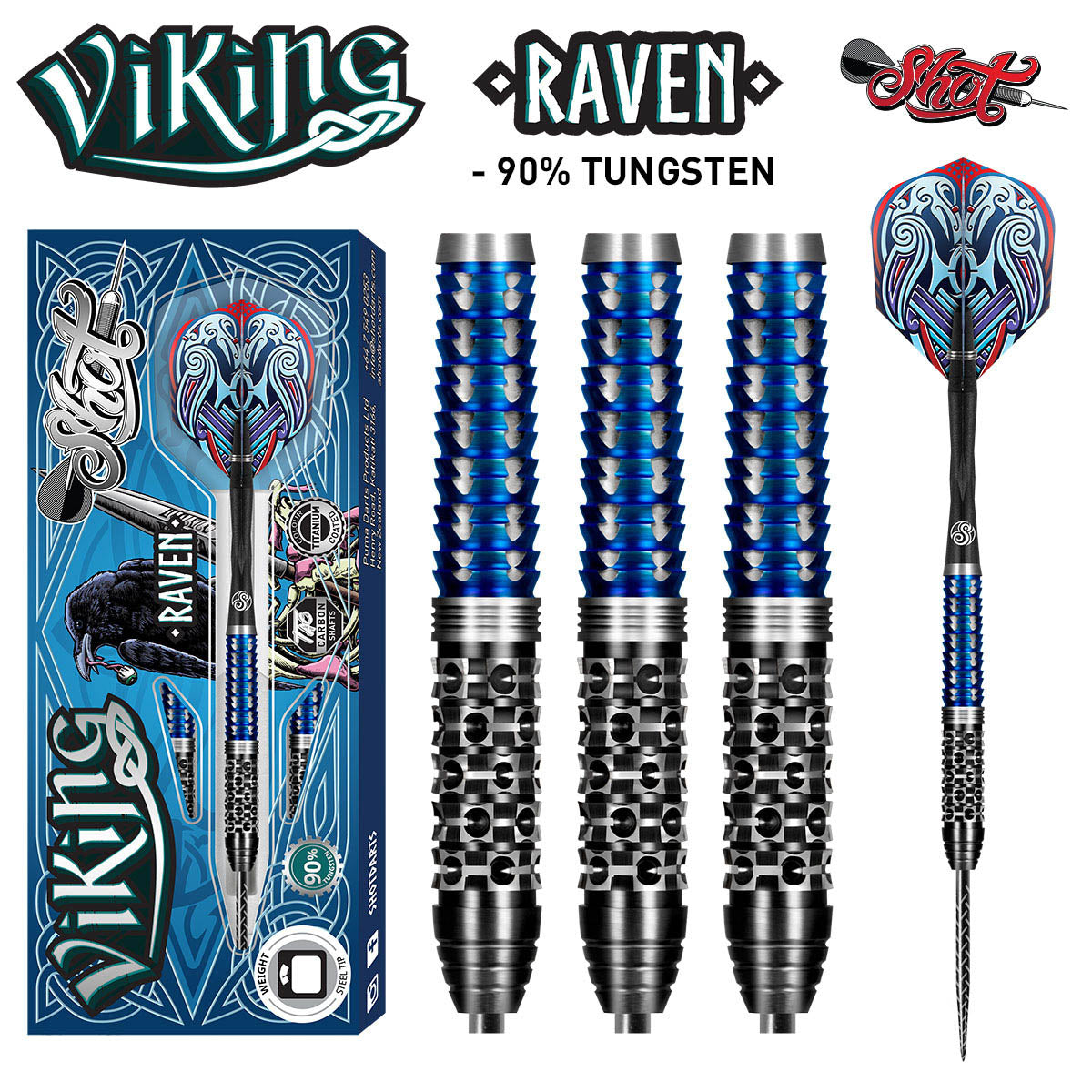 Viking Raven Steel Tip Darts main product image showing the darts, packaging, flights, shafts, and included accessories