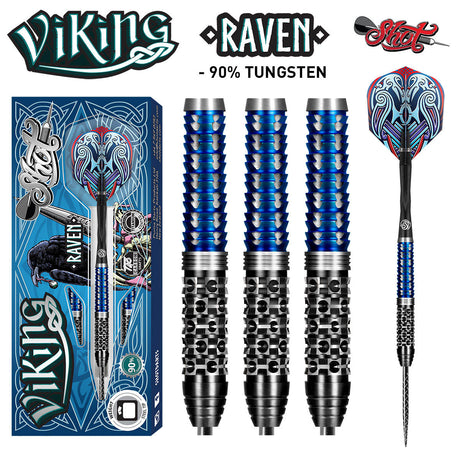 Viking Raven Steel Tip Darts main product image showing the darts, packaging, flights, shafts, and included accessories