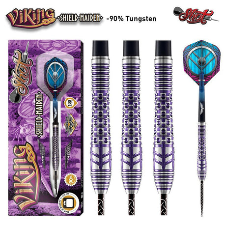 Viking Shield Maiden Steel Tip Darts main product image showing the darts, packaging, flights, shafts, and included accessories