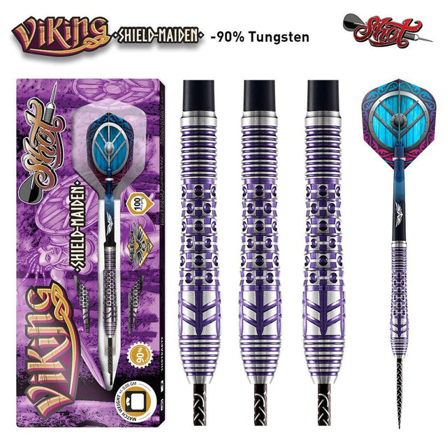 Viking Shield Maiden Steel Tip Darts main product image showing the darts, packaging, flights, shafts, and included accessories