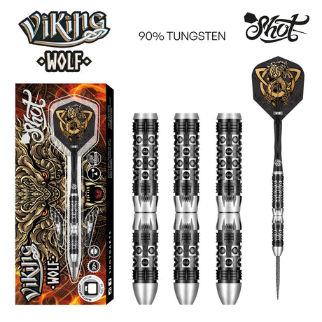 Viking Wolf Steel Tip Darts main product image showing the darts, packaging, flights, shafts, and included accessories