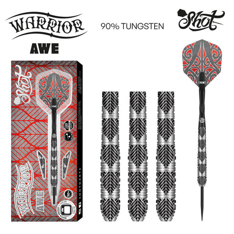 Warrior Awe Steel Tip Darts main product image showing the darts, packaging, flights, shafts, and included accessories