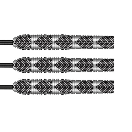 Warrior Awe Steel Tip Darts close up image showing detailed grip patterns, machining, coating, and precision craftsmanship