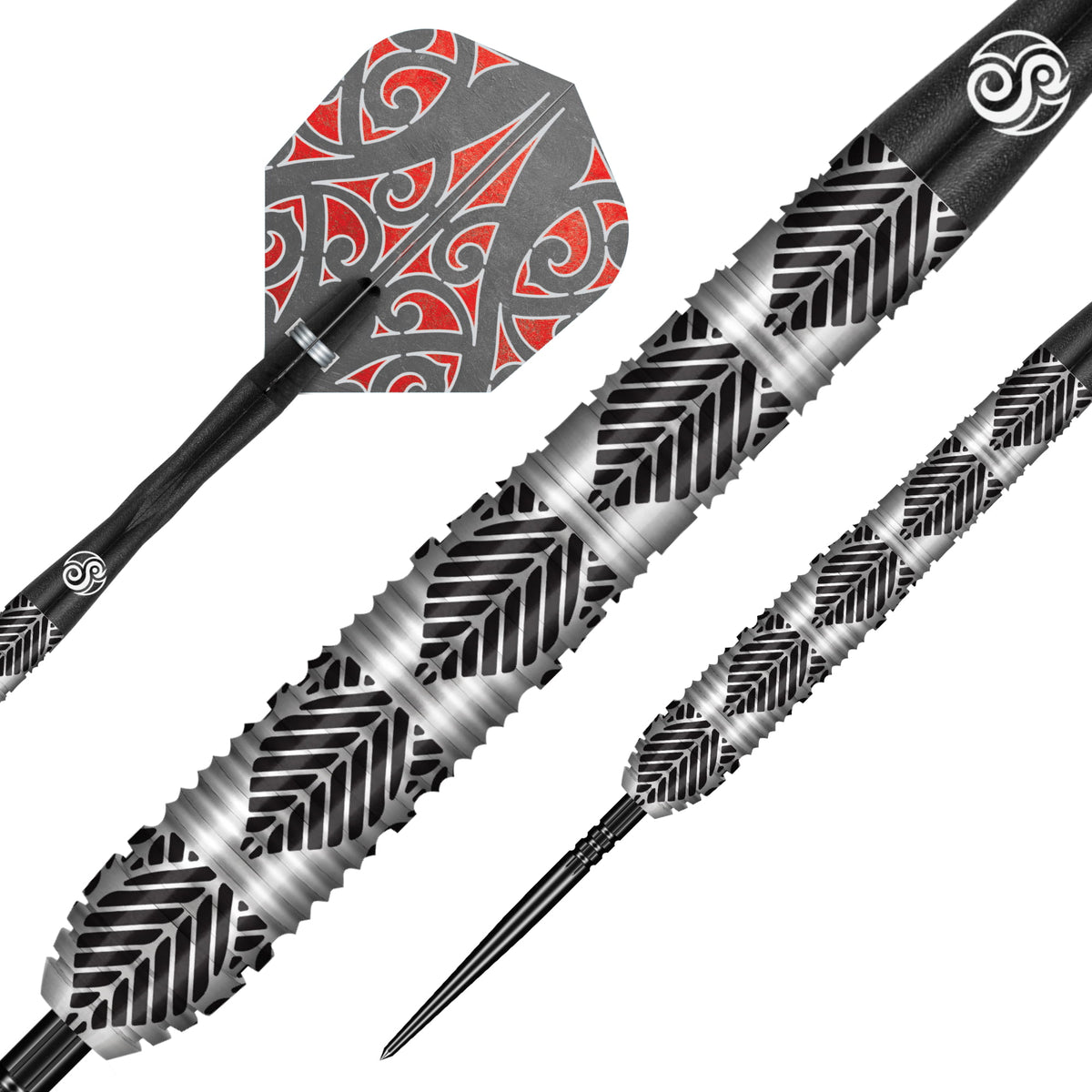 Close up image of the Shot Warrior Awe Turbo Point 90% Tungsten Steel Tip Darts barrels highlighting the grip and machining