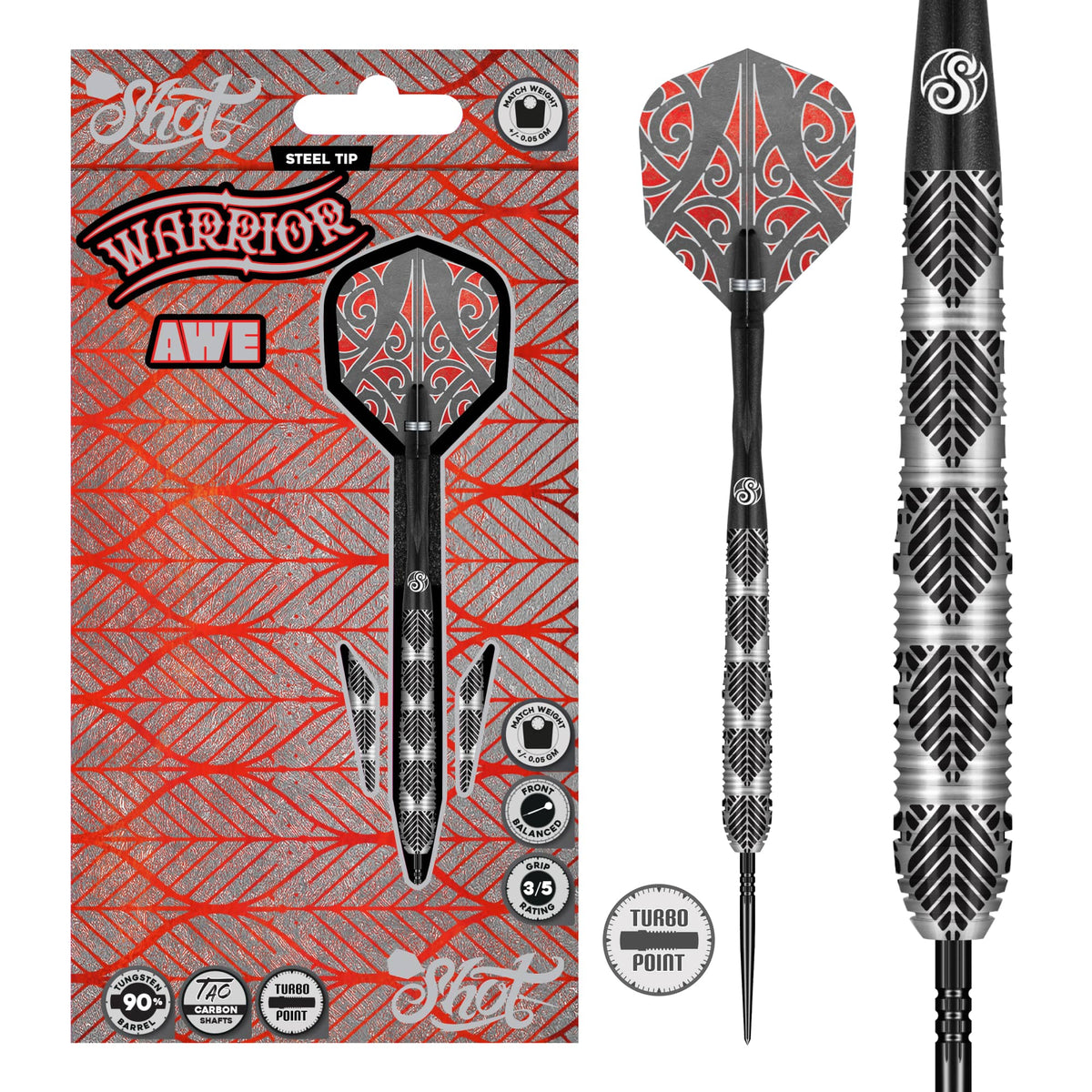 Image of the Shot Warrior Awe Turbo Point 90% Tungsten Steel Tip Darts displayed for retail sale with product packaging