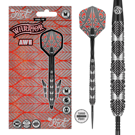 Image of the Shot Warrior Awe Turbo Point 90% Tungsten Steel Tip Darts displayed for retail sale with product packaging