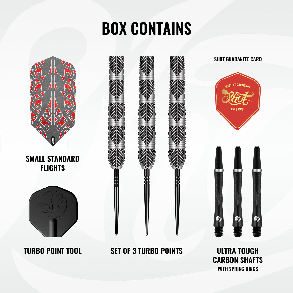 Image showing the contents included with the Shot Warrior Awe Turbo Point 90% Tungsten Steel Tip Darts