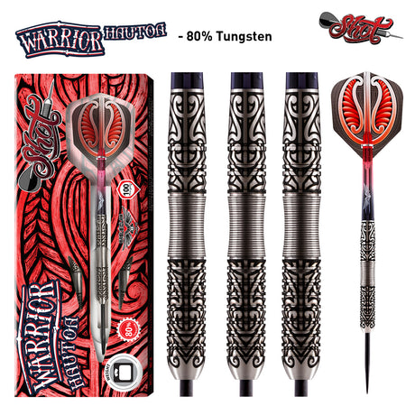 Warrior Hautoa Steel Tip Darts main product image showing the darts, packaging, flights, shafts, and included accessories
