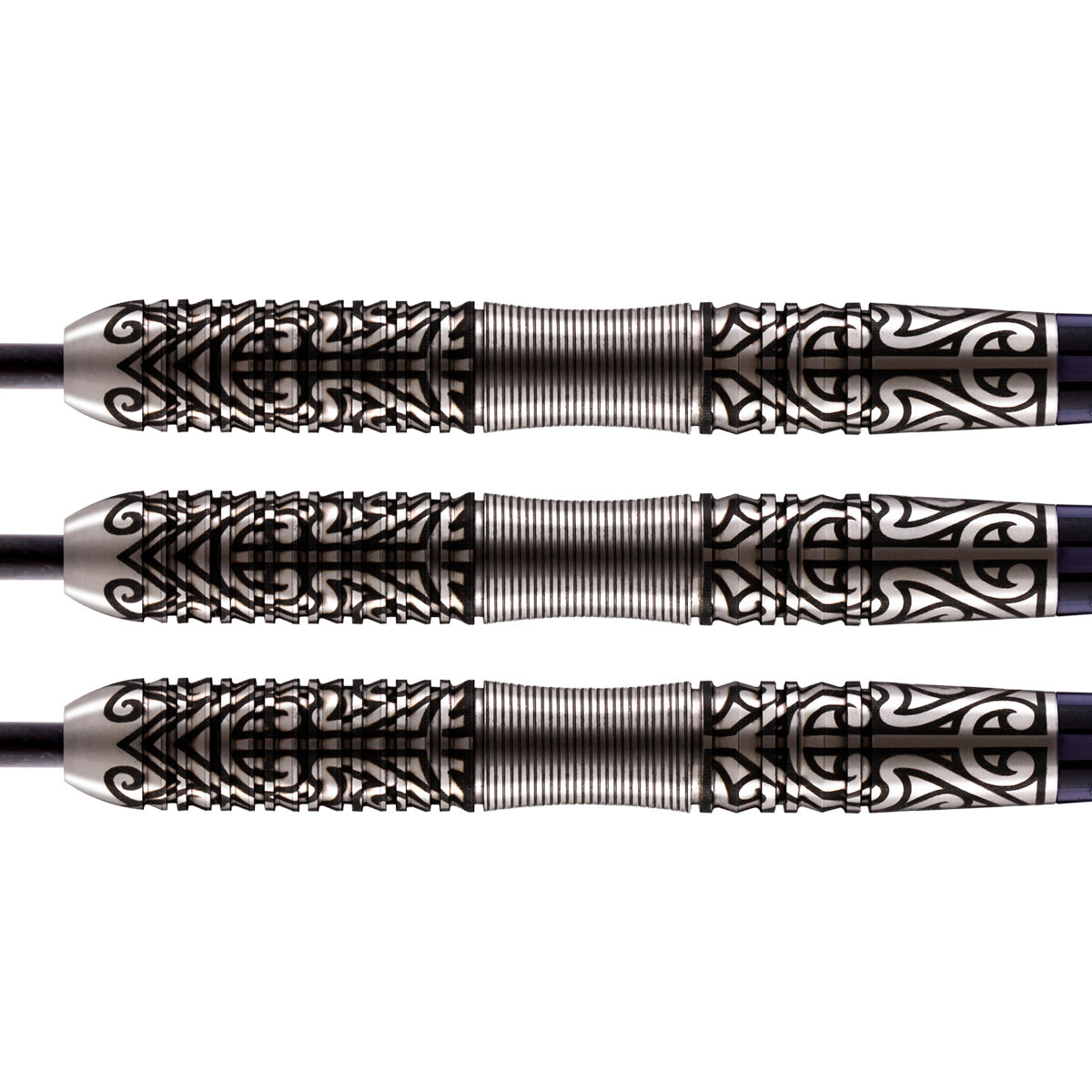 Warrior Hautoa Steel Tip Darts close up image showing detailed grip patterns, machining, coating, and precision craftsmanship