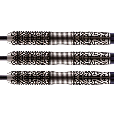 Warrior Hautoa Steel Tip Darts close up image showing detailed grip patterns, machining, coating, and precision craftsmanship