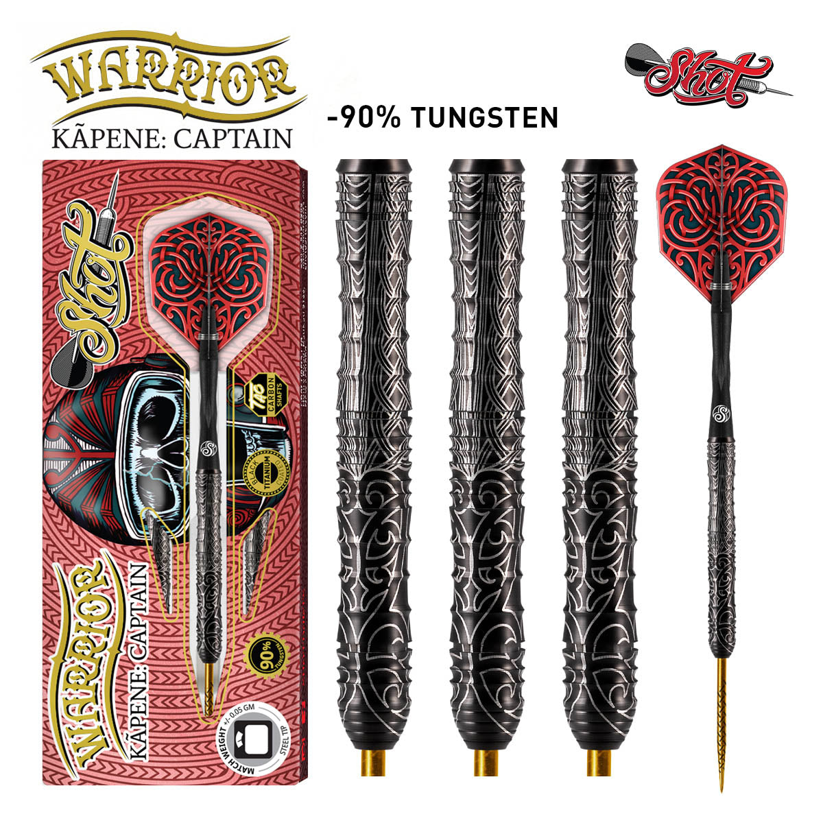 Warrior Kapene Steel Tip Darts main product image showing the darts, packaging, flights, shafts, and included accessories