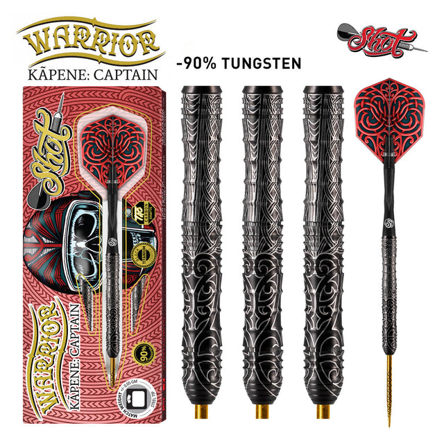 Warrior Kapene Steel Tip Darts main product image showing the darts, packaging, flights, shafts, and included accessories
