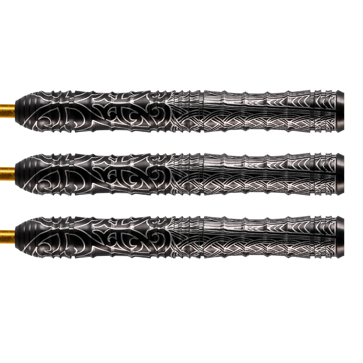 Warrior Kapene Steel Tip Darts close up image showing detailed grip patterns, machining, coating, and precision craftsmanship