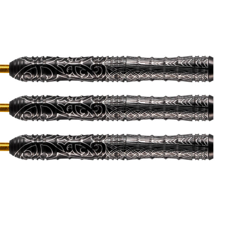 Warrior Kapene Steel Tip Darts close up image showing detailed grip patterns, machining, coating, and precision craftsmanship