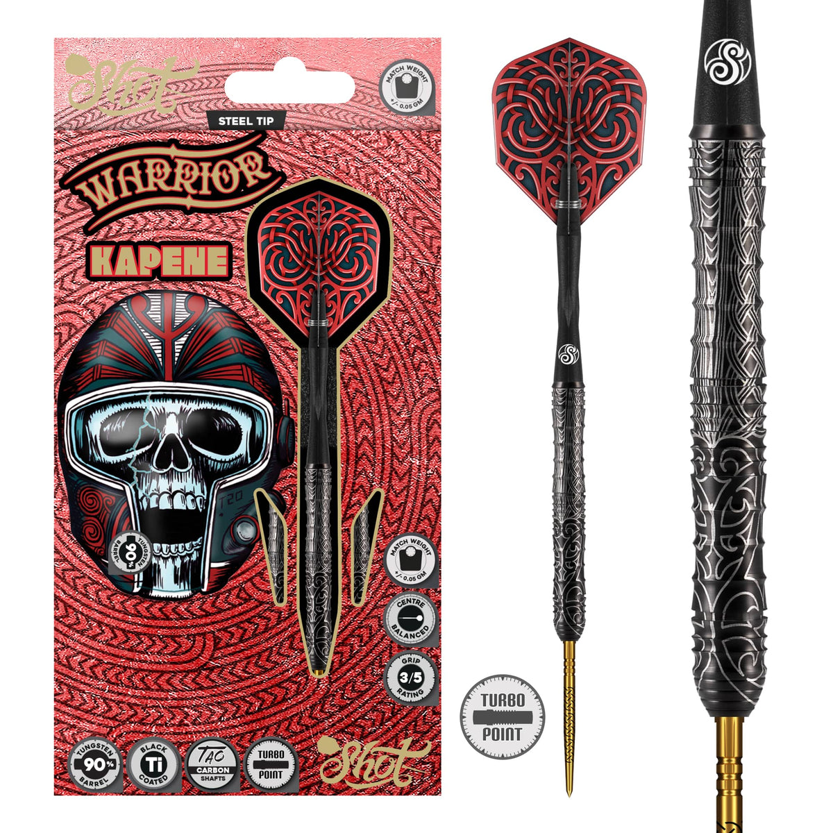 Image of the Shot Warrior Kapene Turbo Point 90% Tungsten Steel Tip Darts displayed for retail sale with product packaging