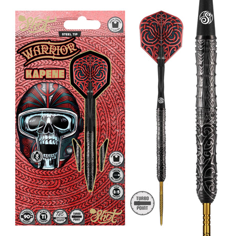 Image of the Shot Warrior Kapene Turbo Point 90% Tungsten Steel Tip Darts displayed for retail sale with product packaging