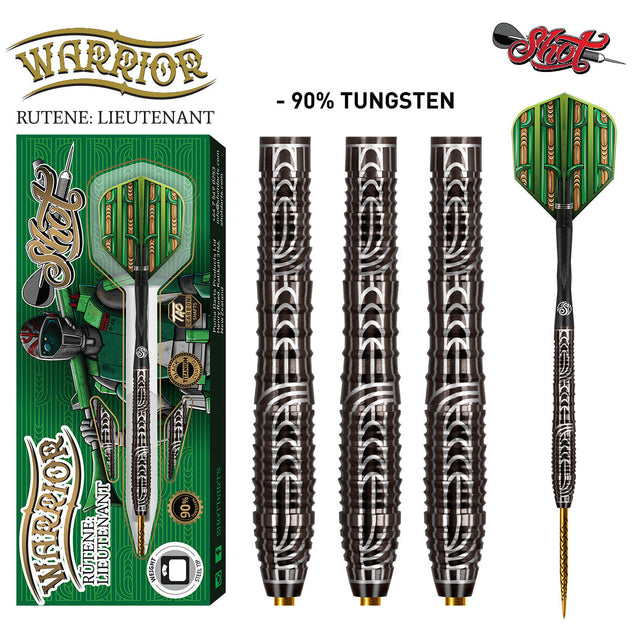 Warrior Rutene Steel Tip Darts main product image showing the darts, packaging, flights, shafts, and included accessories