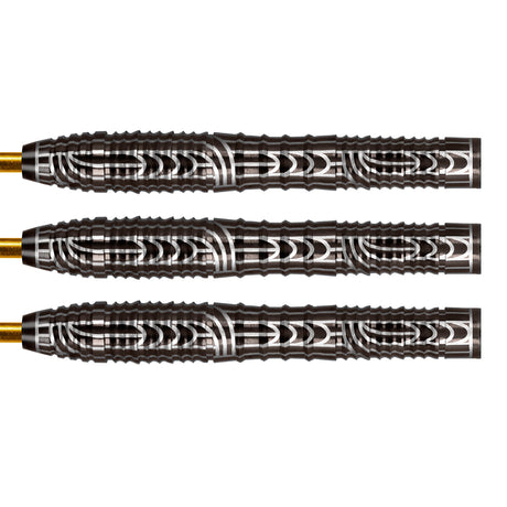 Warrior Rutene Steel Tip Darts close up image showing detailed grip patterns, machining, coating, and precision craftsmanship