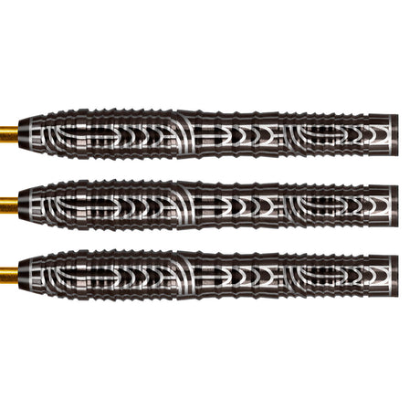 Warrior Rutene Steel Tip Darts close up image showing detailed grip patterns, machining, coating, and precision craftsmanship