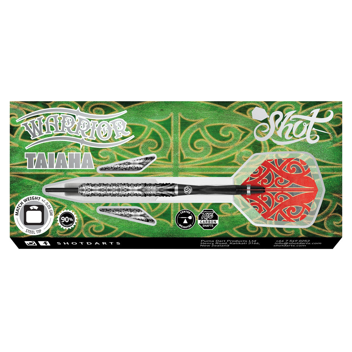 Warrior Taiaha Steel Tip Darts packaging image showing the retail presentation box and Shot branding