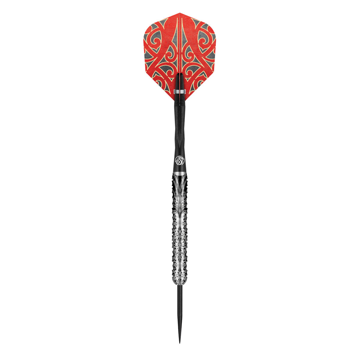 Warrior Taiaha Steel Tip Darts dynamic product image highlighting the full dart setup and barrel design