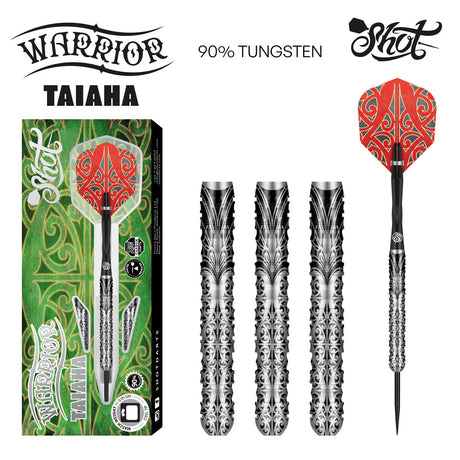 Warrior Taiaha Steel Tip Darts main product image showing the darts, packaging, flights, shafts, and included accessories