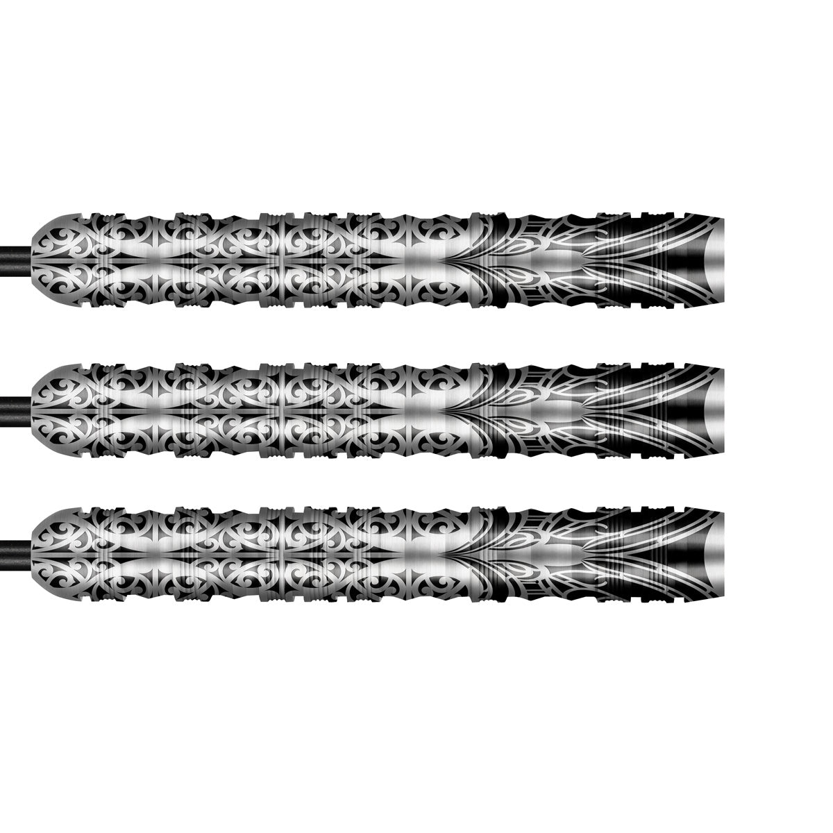 Warrior Taiaha Steel Tip Darts close up image showing detailed grip patterns, machining, coating, and precision craftsmanship