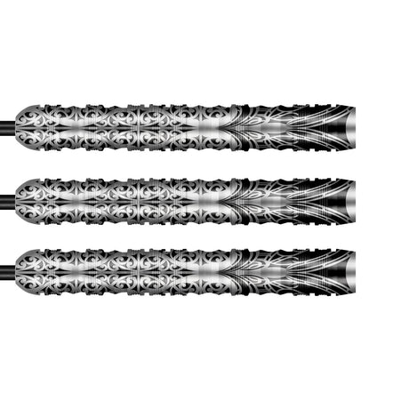 Warrior Taiaha Steel Tip Darts close up image showing detailed grip patterns, machining, coating, and precision craftsmanship
