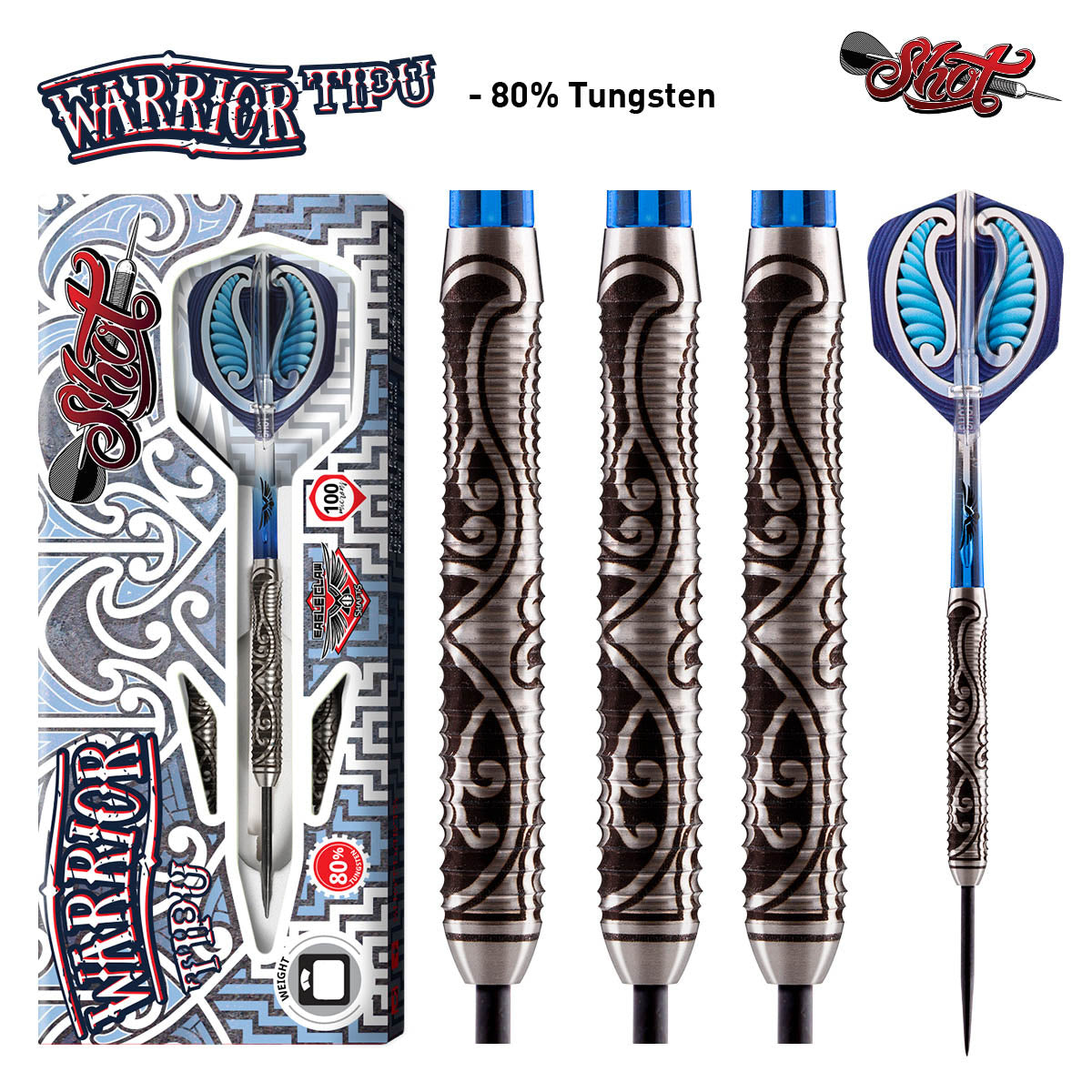 Warrior Tipu Steel Tip Darts main product image showing the darts, packaging, flights, shafts, and included accessories