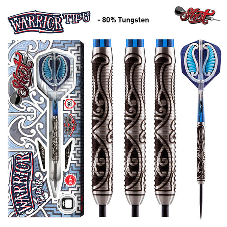 Warrior Tipu Steel Tip Darts main product image showing the darts, packaging, flights, shafts, and included accessories