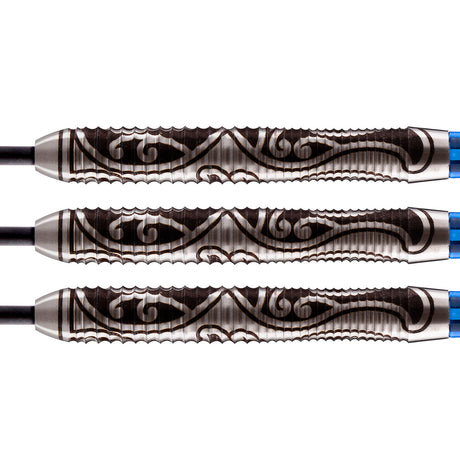 Warrior Tipu Steel Tip Darts close up image showing detailed grip patterns, machining, coating, and precision craftsmanship
