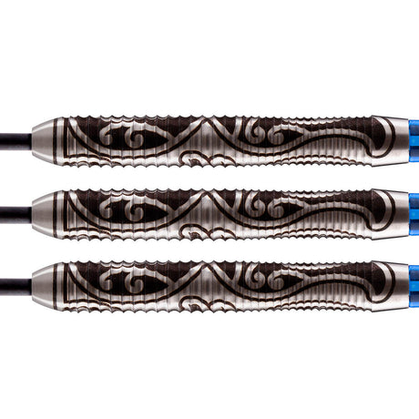 Warrior Tipu Steel Tip Darts close up image showing detailed grip patterns, machining, coating, and precision craftsmanship