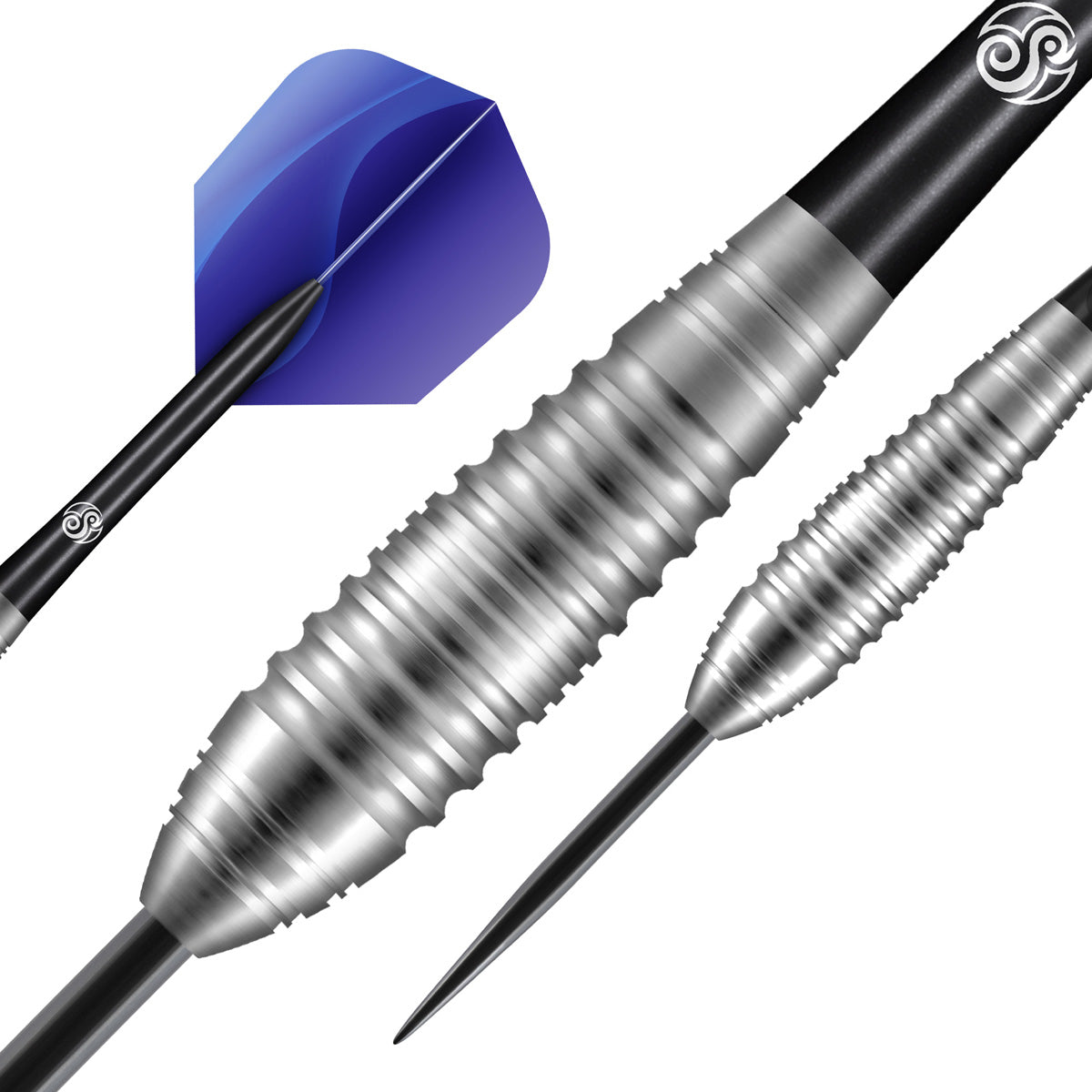 Zen Budo Steel Tip Darts dynamic product image highlighting the full dart setup and barrel design
