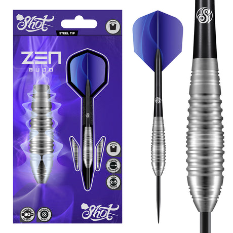 Zen Budo Steel Tip Darts main product image showing the darts, packaging, flights, shafts, and included accessories