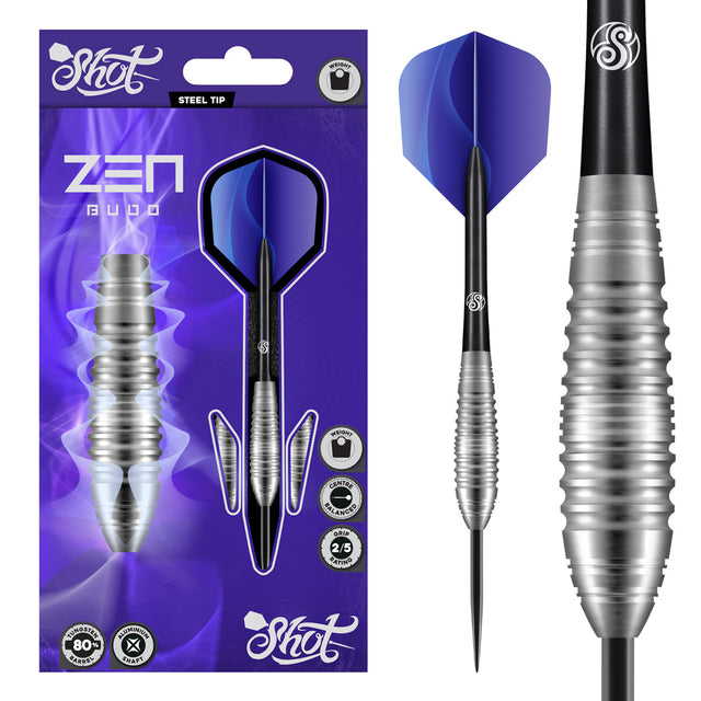 Zen Budo Steel Tip Darts main product image showing the darts, packaging, flights, shafts, and included accessories