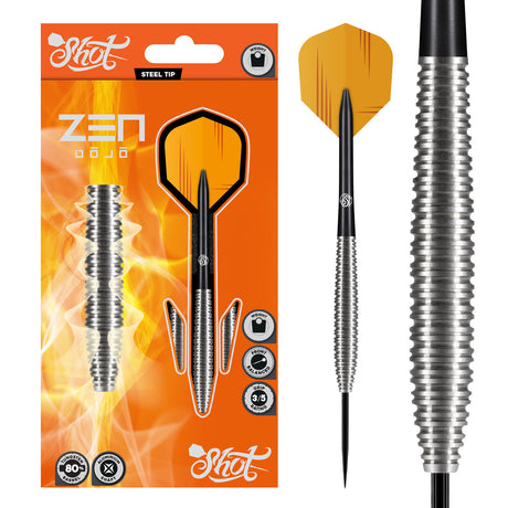 Zen Dojo Steel Tip Darts main product image showing the darts, packaging, flights, shafts, and included accessories