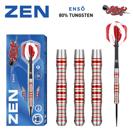 Zen Enso Steel Tip Darts main product image showing the darts, packaging, flights, shafts, and included accessories
