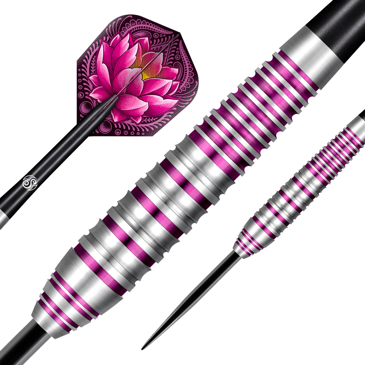Zen Juji Steel Tip Darts dynamic product image highlighting the full dart setup and barrel design