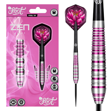 Zen Juji Steel Tip Darts main product image showing the darts, packaging, flights, shafts, and included accessories