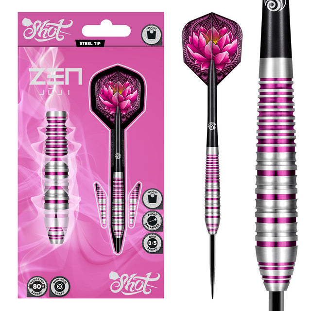 Zen Juji Steel Tip Darts main product image showing the darts, packaging, flights, shafts, and included accessories