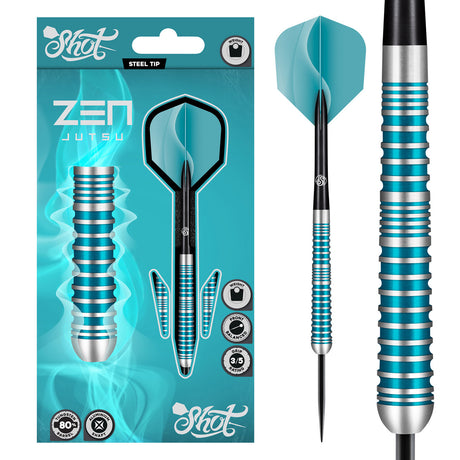 Zen Jutsu V2 Steel Tip Darts main product image showing the darts, packaging, flights, shafts, and included accessories