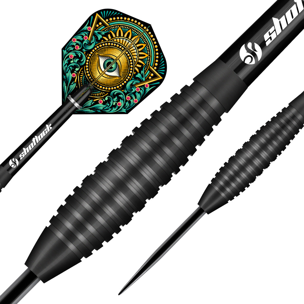Zen Kensho Steel Tip Darts dynamic product image highlighting the full dart setup and barrel design