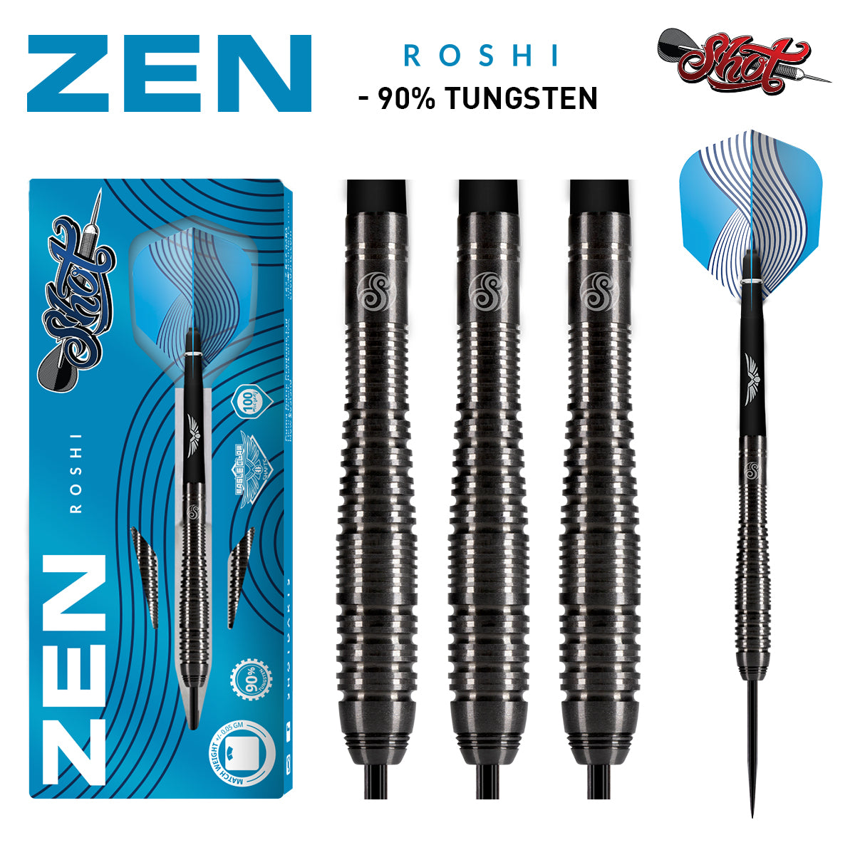 Zen Roshi Steel Tip Darts main product image showing the darts, packaging, flights, shafts, and included accessories