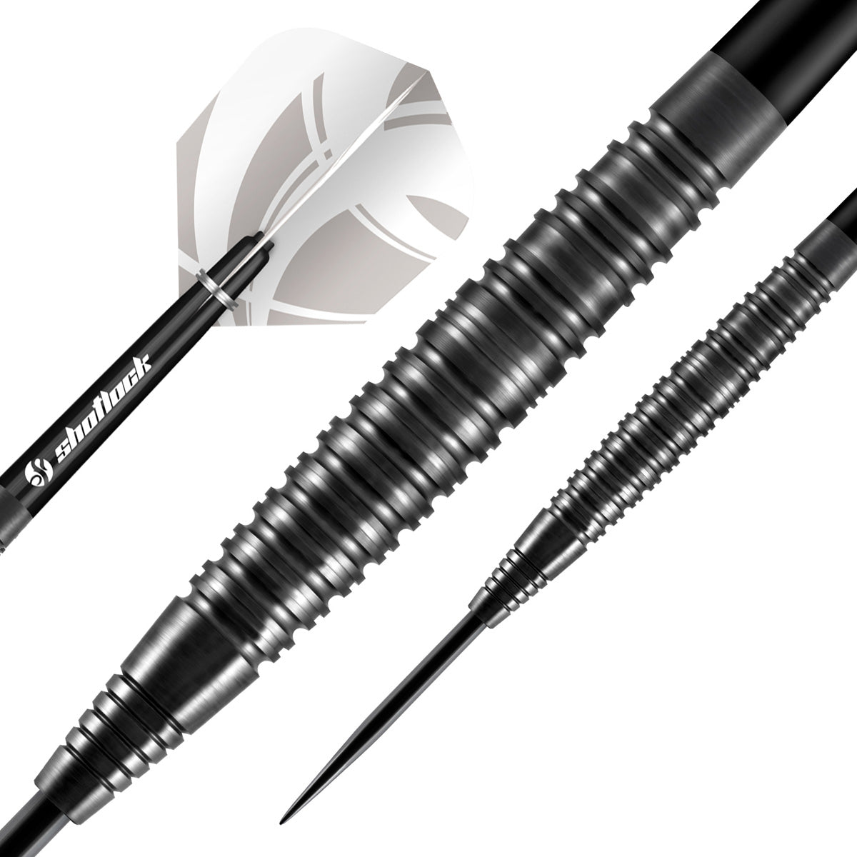 Zen Satori Steel Tip Darts dynamic product image highlighting the full dart setup and barrel design