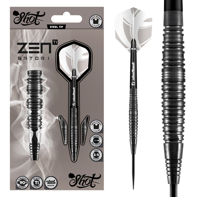 Zen Satori Steel Tip Darts main product image showing the darts, packaging, flights, shafts, and included accessories