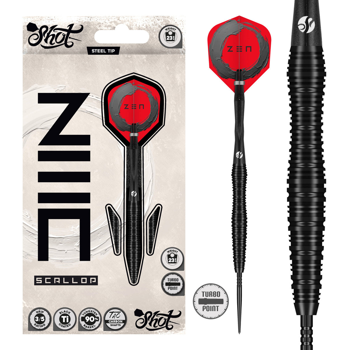Shot Zen Scallop Turbo Point 90% Tungsten Steel Tip Darts – Double