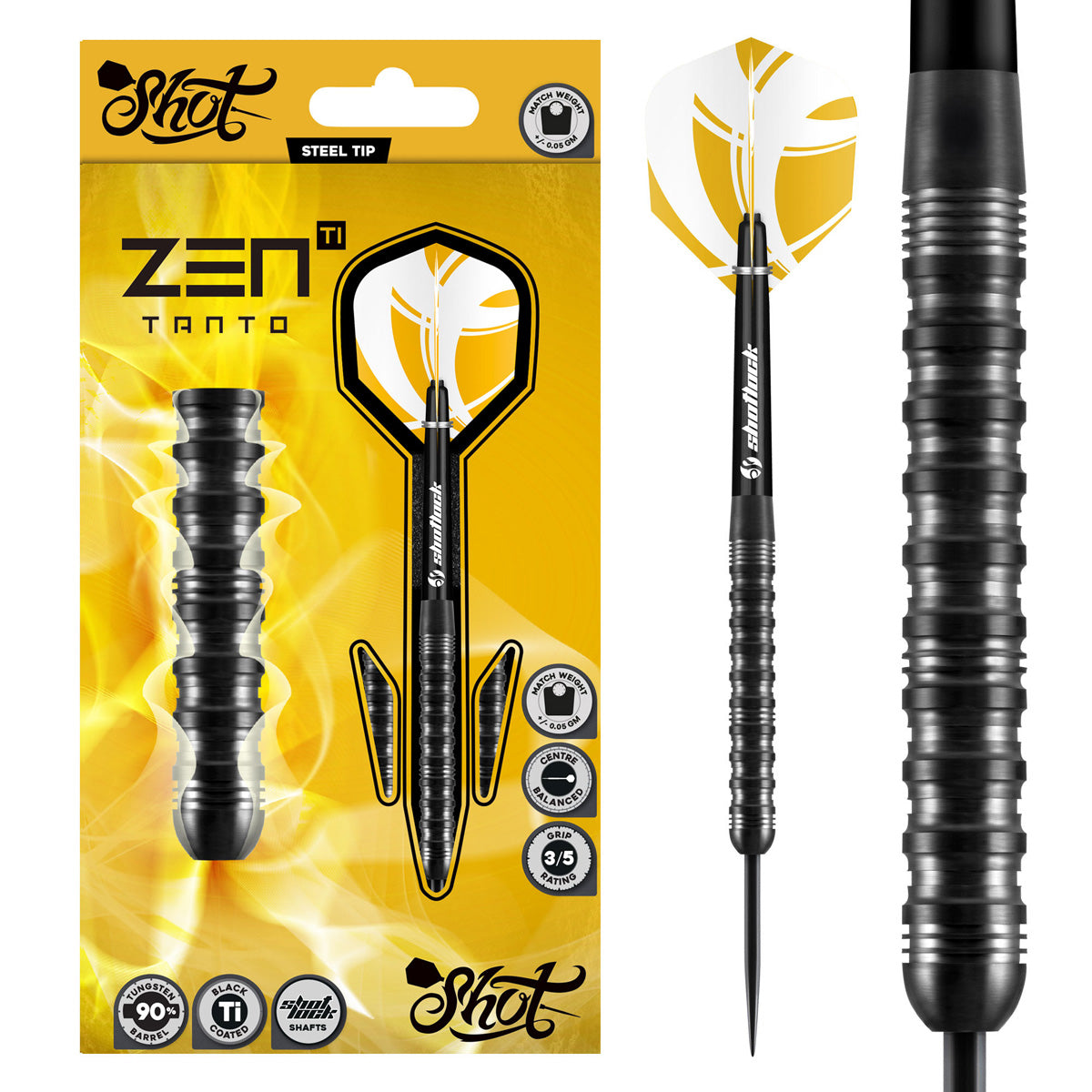 Zen Tanto Steel Tip Darts main product image showing the darts, packaging, flights, shafts, and included accessories
