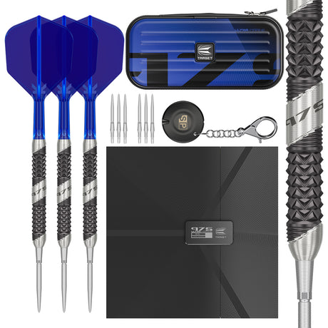 975 Ultra Marine 01 Steel Tip Darts main product image showing the darts, packaging, flights, shafts, and included accessories