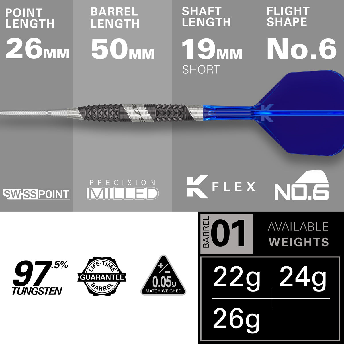 975 Ultra Marine 01 Steel Tip Darts specifications image showing barrel dimensions, weight, and technical details